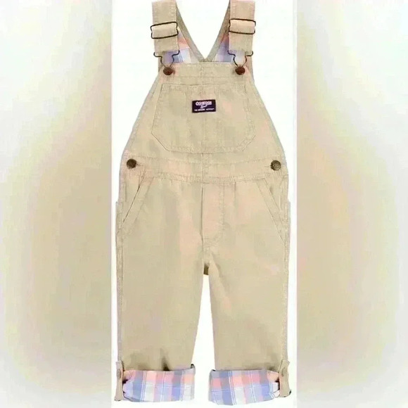 Toddler Lightweight Canvas Overalls Size 3T Adjustable Cuffs Khaki Plaid Cuffs - Picture 1 of 8